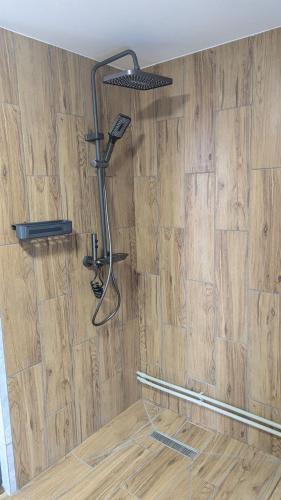 a shower in a room with a wooden wall at Kabanova Gora in Bukovel