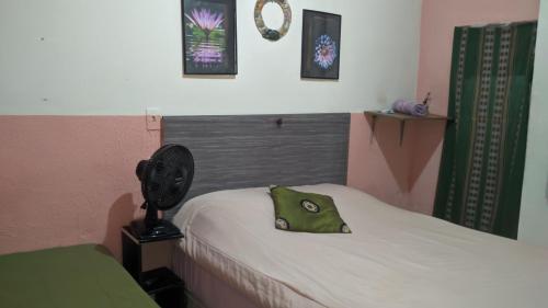 a bedroom with a bed with a green pillow on it at Kitinete e suite Recanto do Bem-te-vi in Serra
