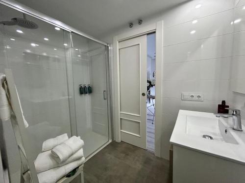 a bathroom with a shower and a sink and a mirror at Apto La Estambrera I I Wifi y Aire Acondicionado in Logroño