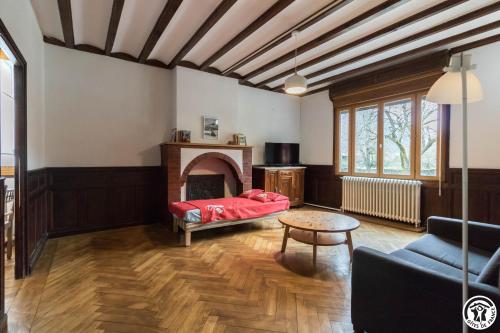a living room with a bed and a fireplace at Maison de Marius et Maison d Amelie in Esténos