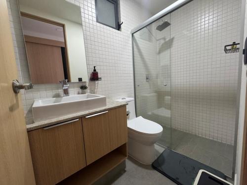 a bathroom with a sink and a toilet and a shower at Luxury apartment near Andares in Guadalajara