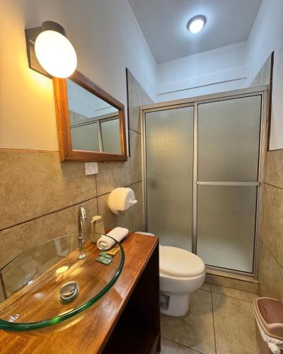 a bathroom with a sink and a toilet and a mirror at Vista Encantada Hotel in Villa Canales