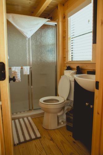 a bathroom with a toilet and a shower and a sink at Big Texan Wagons in Amarillo