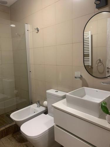 a bathroom with a toilet and a sink and a mirror at AGNI Suite Centro in Concepción del Uruguay
