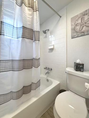 a bathroom with a toilet and a shower curtain at Cozy 1BR Apartment in Phenomenal Austin - Minutes to Downtown in Austin