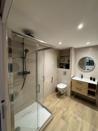 a bathroom with a shower and a toilet and a sink at Perle Dazur Jacuzzi Suite Parking Prive 5min Mer in Menton