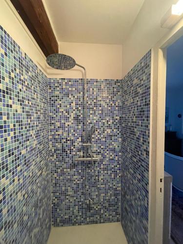 a bathroom with a shower with blue tiles at Villa Danemark in Colombes