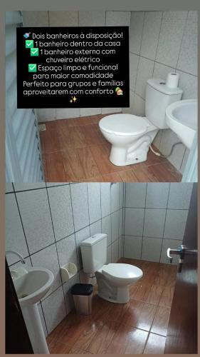 two pictures of a bathroom with a toilet and a sink at Rancho Carvalho in Alexânia