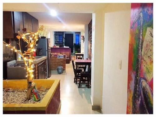 a kitchen and living room with a tree with lights at Hostal Santa Maria City in Santa Marta