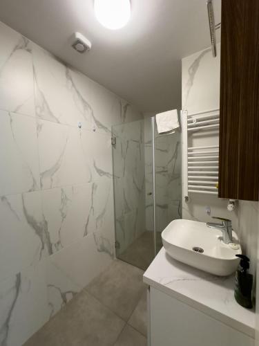 a white bathroom with a sink and a shower at I&I Tesla IV in Kragujevac