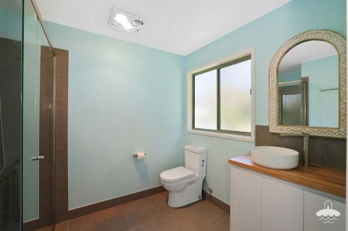 a bathroom with a toilet and a sink and a mirror at The Ash, Sandy Point Stay 3 Pay 2 Winter Special in Sandy Point