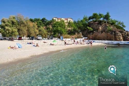 a group of people on a beach with the water at Rustic Villa 2 Min walk to the beach heart of Limenaria in Limenaria
