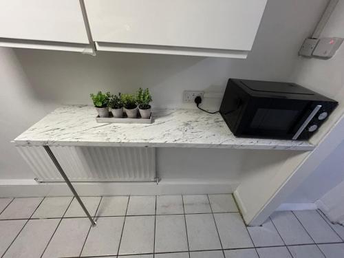 a counter with potted plants on top of a microwave at West Bromwich Apartment for 2 guests in West Bromwich