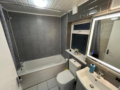 a bathroom with a white toilet and a sink at West Bromwich Apartment for 2 guests in West Bromwich