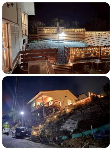 two pictures of a house at night with lights at 羽咲亭乃台 in Kannami