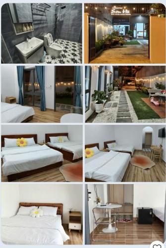 a collage of photos of a hotel room with beds at Sơn Hà homestay in Ấp Bình Hưng