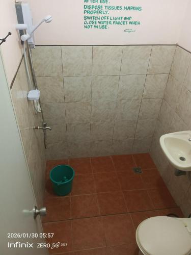 a bathroom with a shower with a toilet and a sink at Buena Lynnes Annex Lodge in Puerto Galera