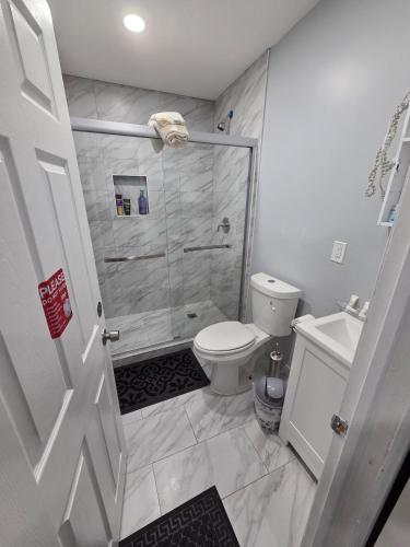 a bathroom with a shower and a toilet at Queen Detached Studio 1 in Irvington
