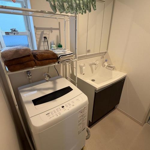 a small bathroom with a washing machine and a sink at Matsumoto Private Home Stay for 8 pax in Matsumoto