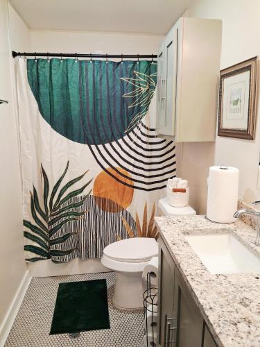 a bathroom with a toilet and a shower curtain at Xscapecatio Oasis II in Tulsa