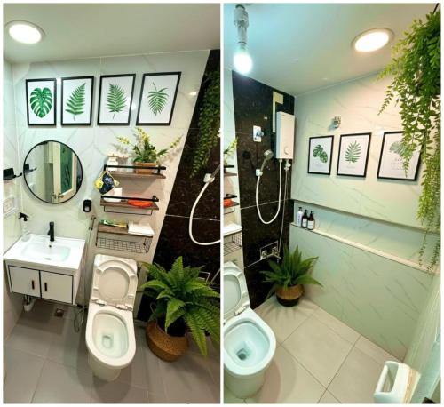 two pictures of a bathroom with two toilets and a sink at The White Haven In Clark ENTIRE HOUSE in Angeles