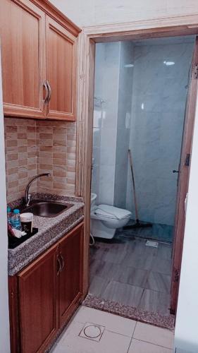 a bathroom with a shower and a sink and a toilet at فندق الشلالات العقبه Waterfalls Hotel Aqaba in Aqaba