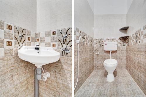 two pictures of a bathroom with a sink and a toilet at Kayilai Residency in Pīlamedu