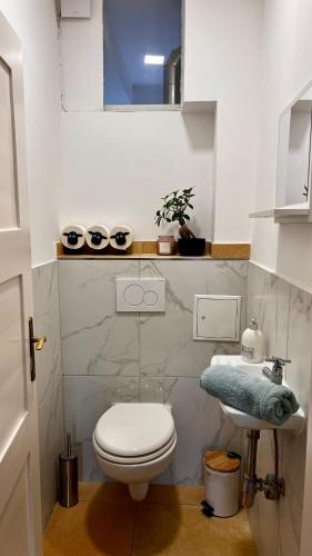 a small bathroom with a toilet and a sink at White Midsommar - Stilvolle Wohnung, 4 Schlafzimmer, Küche in Landshut