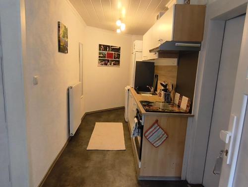 a small kitchen with a counter and a sink at FeWo Mephisto in Pottenstein