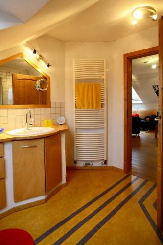 a small kitchen with a sink and a window at Öko-Appartement Melanie in Schwollen
