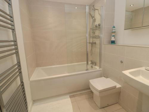 a bathroom with a shower and a toilet and a sink at Summer Rose in Craster