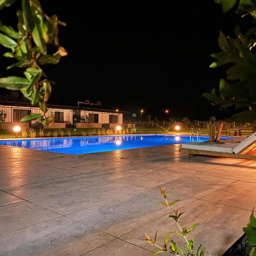 a swimming pool at night with blue lights at Casamora in Edremit