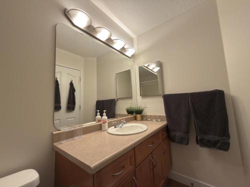 a bathroom with a sink and a large mirror at Spacious & Private Retreat near West Edmonton Mall in Edmonton