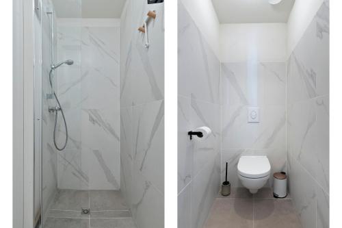 two pictures of a bathroom with a shower and a toilet at DuoSuite Sand Vrouwenpolder in Vrouwenpolder