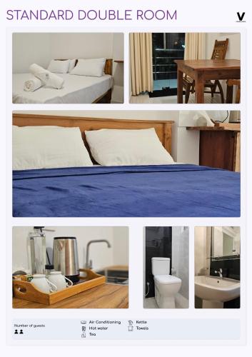 a collage of pictures of a bedroom and a bed at VThree Hotel in Matara
