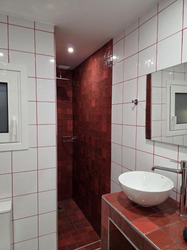 a bathroom with a sink and a shower with red tiles at Psani 50m2 apartment in Nafpaktos