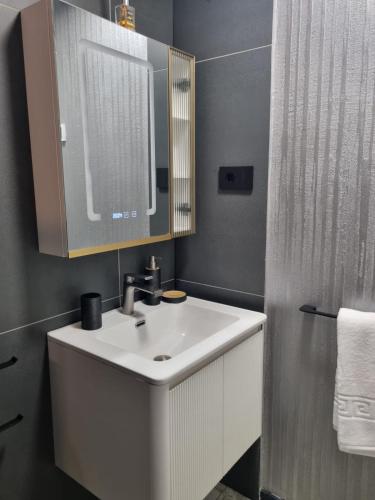 a bathroom with a white sink and a mirror at ApuLux Apartments in Alba Iulia
