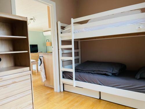 a bedroom with two bunk beds and a desk at Le lit de la Semois in Vresse-sur-Semois