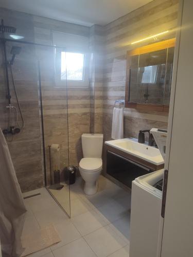 a bathroom with a shower and a toilet and a sink at Bar ,2 sobni stan ,Namaste ! in Bar