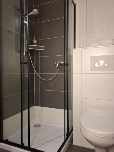a bathroom with a shower and a toilet at Hotel Am Schwarzen Berg in Stade
