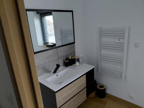 a bathroom with a sink and a mirror at Cozyhouse in Touquet Berthe