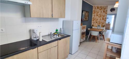 une cuisine avec un évier et un réfrigérateur dans l'établissement Le scandinave, à Douai