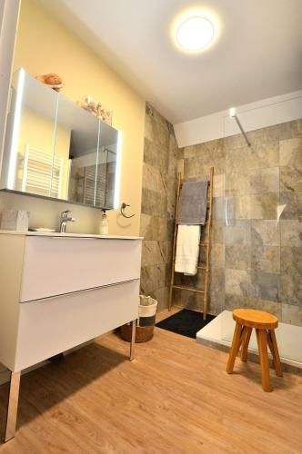a bathroom with a sink and a shower at La Villa du Mont in Gourdon