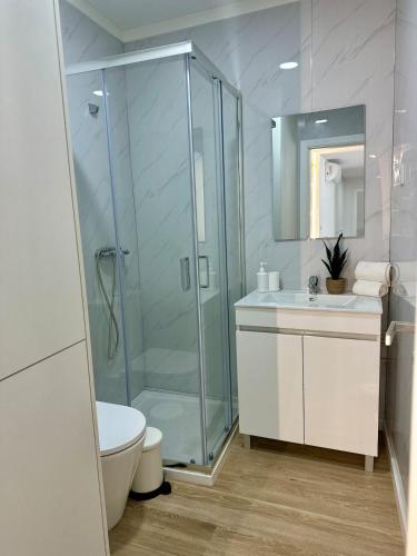a bathroom with a shower and a toilet and a sink at Cantinho da Nina in Arcos de Valdevez