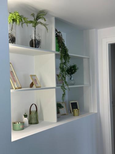 a white shelf with potted plants on it at Cantinho da Nina in Arcos de Valdevez