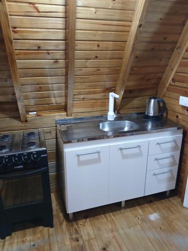 a kitchen with a sink and a stove at Chalés Snow in Urubici