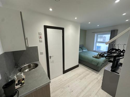 a kitchen with a sink and a room with a bed at 1066 Apart Hotel in Hastings