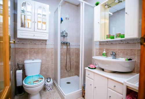 a bathroom with a shower and a toilet and a sink at Bluemoon in Mazarrón