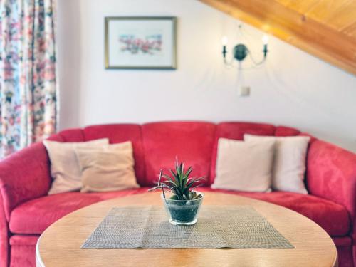 a red couch with a potted plant on a table at Sonnenhof Seeg 16 in Seeg