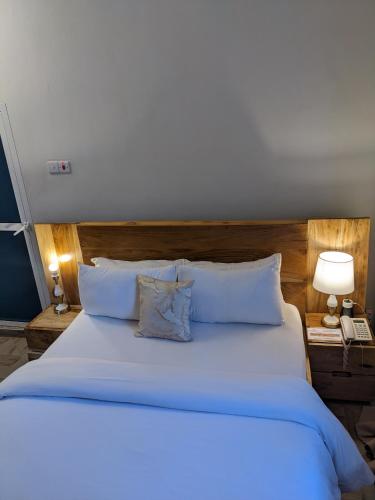 a bedroom with a large white bed with two pillows at Diamond Delight Boutique Hotels in Moshi